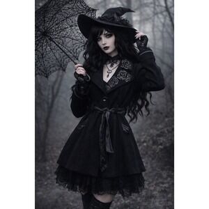 Y2K bebe Black Wool Blend Trench Coat Embroidered  Belted Women's S Whimsy Goth